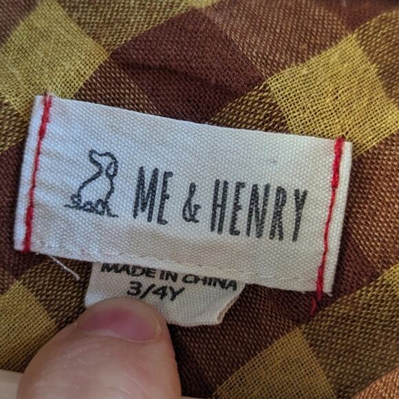 Me + Henry Button Down Boys Sz 3-4y Long Sleeve Rust Gingham Short Fall - Picture 6 of 7